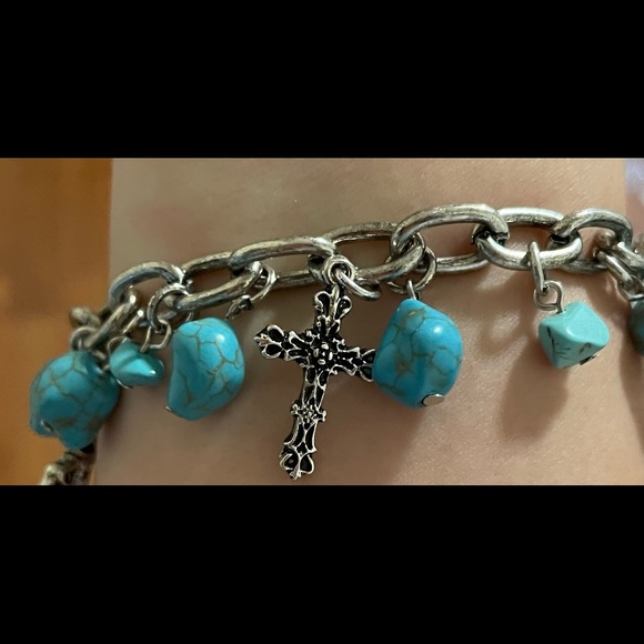 Alexandria Turquoise Marble Beaded Silver Cross Charm Bracelet - Picture 4 of 4